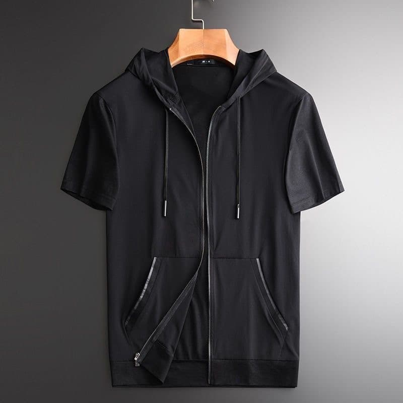 Summer Short Sleeve T-Shirt Men Hooded Cardigan Loose Plus Size Hoodie Half Sleeve Breathable Quick-Dry Thin High-End