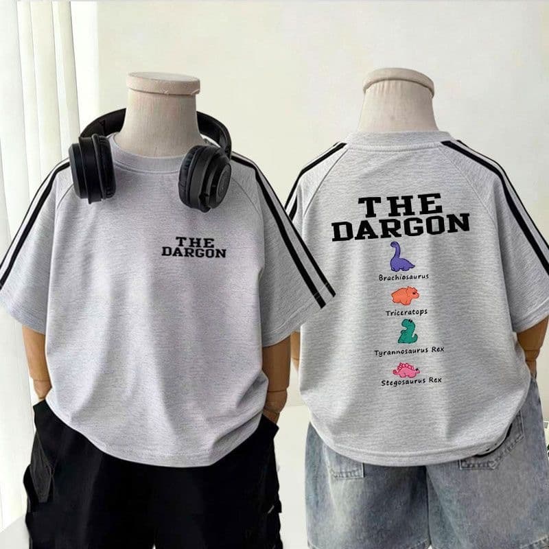 Cross-Border Children's Short-Sleeved 2026 Summer New Style Classic Three-Stripe Cartoon Dinosaur Print Pure Cotton T-Shirt for Boys and Girls