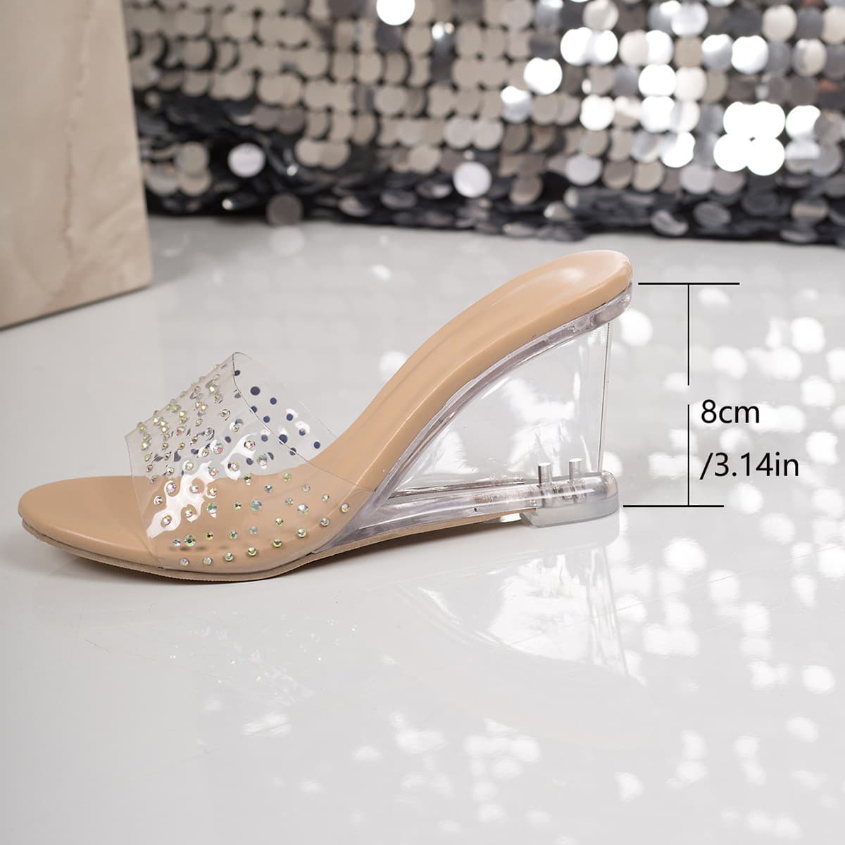 Plus Size 2026 Summer Crystal Wedge Fairy Clear Slide Sandals French Round Toe Heels