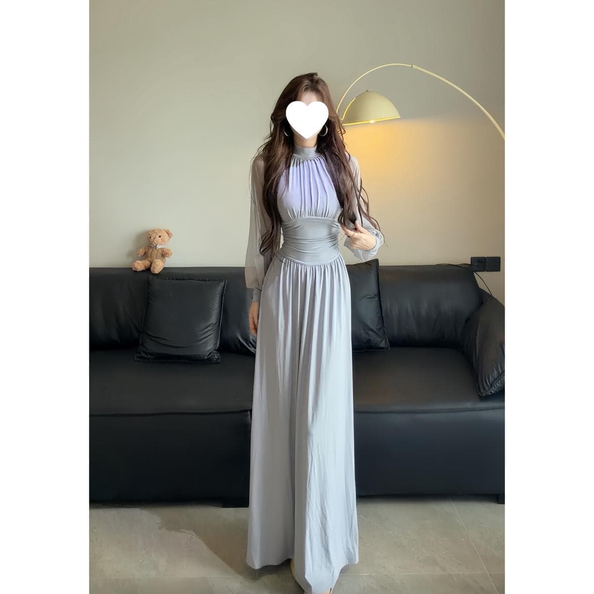 New French-style elegant long dress, high neck, pleated long sleeves, mesh dress, fitted waist, women's other styles.