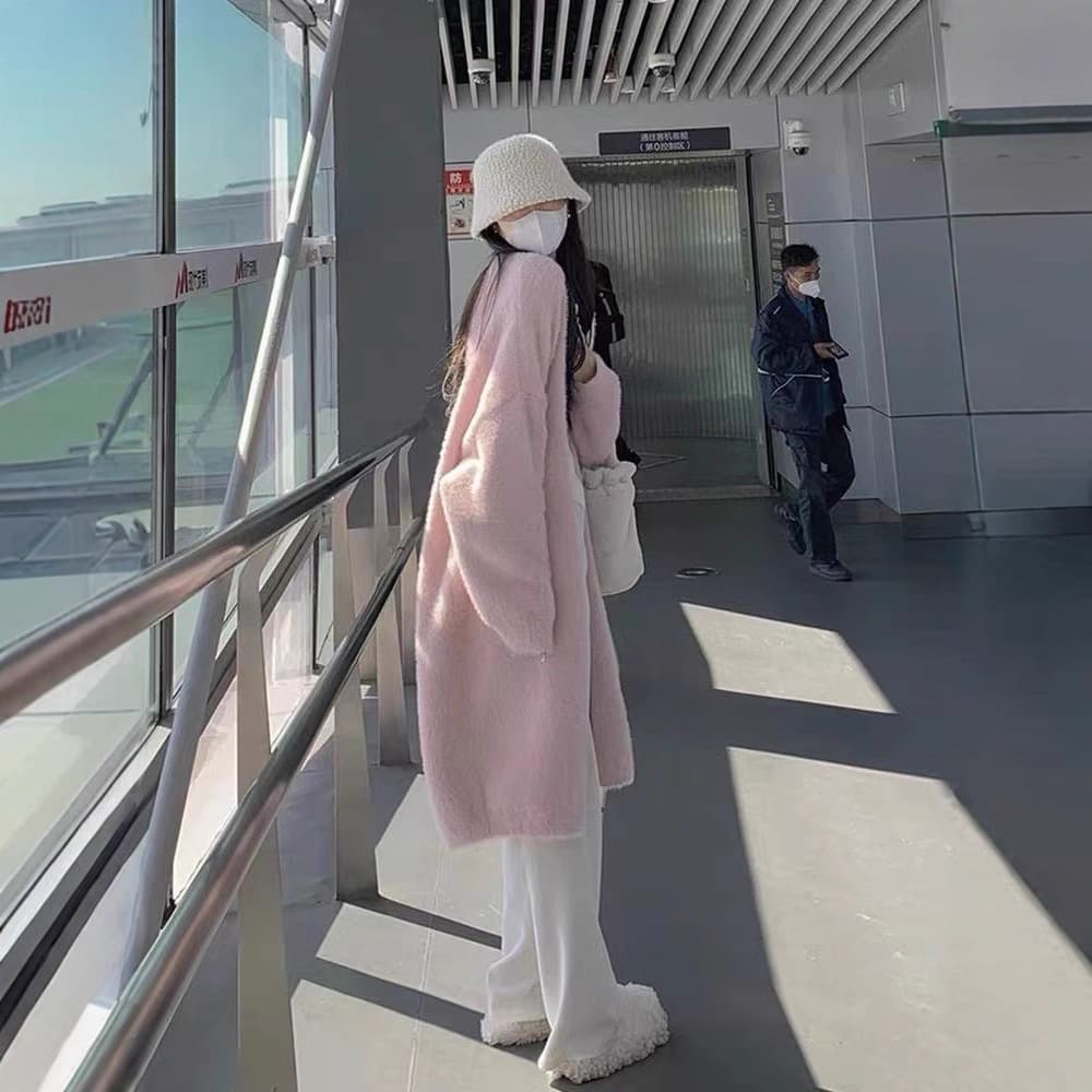 2025 Autumn/Winter New Lazy Loose Over-the-Knee Mid-Length Thickened Pure Desire Style Faux Mink Fur Cardigan Coat for Women