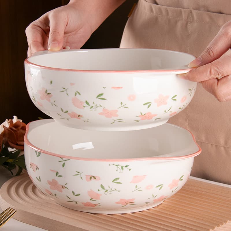 Ceramic Double Ear Bowl New Large Home Anti-Scald Underglaze Fish Soup Bowl Personal Soup Bowl