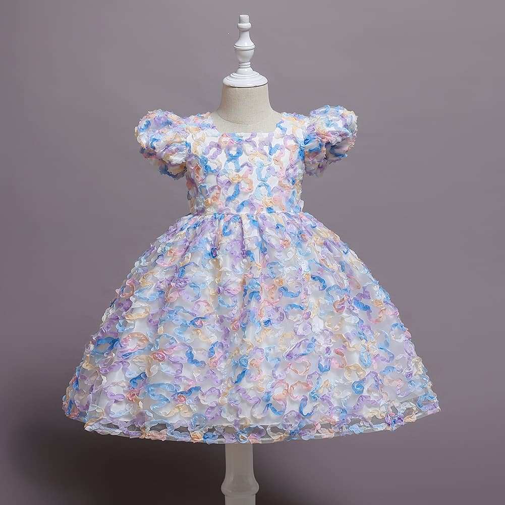 European Girls Princess Dress Floral Gradient Bubble Sleeve Children Dance Performance Gown