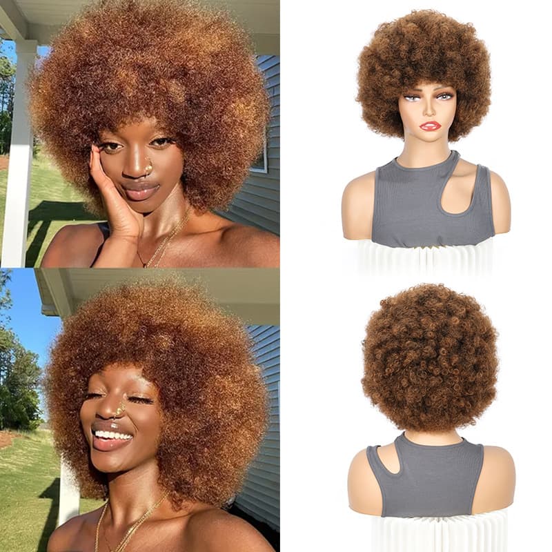 African Wig Small Curl Afro Short Long Curly Hair Realistic Human Hair Bob Cut with Straight Bangs Steel Wire Curl