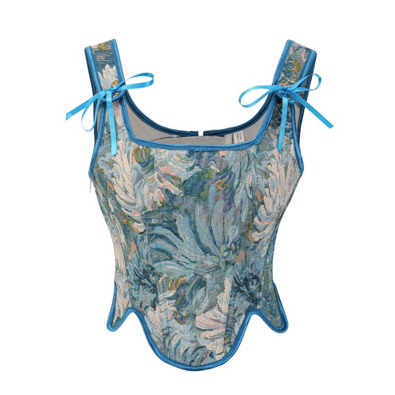 Cross-border French-style printed floral bodysuit, retro layered vest, women's bodysuit, jacquard tie-up shapewear.