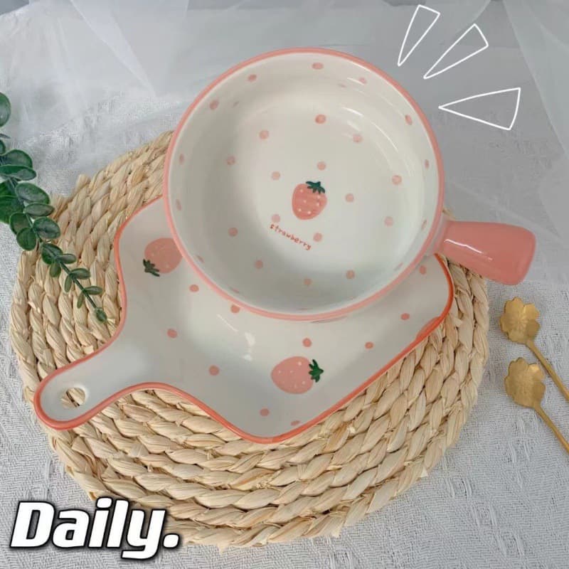 Microwave Oven Plates and Bowls, Nordic Style Plates with Berry Handle, Hand-painted Handle, Ceramic Tableware, Baking Trays, Steamed Egg Bowls (None)