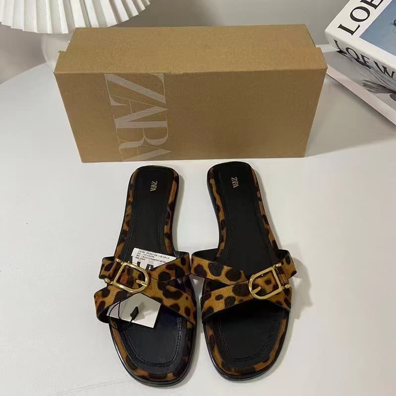 ZA New 2024 Summer Square Toe Flat Sandals for Women with Cross Straps and Metal Buckle