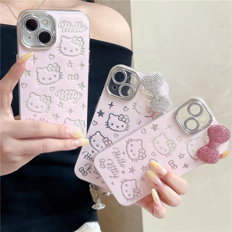 Rhinestone Bow Pink KT Cat Phone Case for iPhone 14/13, Compatible with 12/11, Apple 16/15 Pro Max