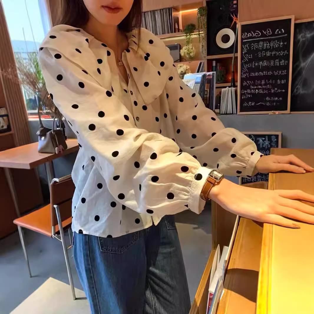 Women's Doll Collar Long Sleeve Blouse 2025 Autumn New Korean Sweet Style Contrast Polka Dot Single-Breasted Casual Shirt