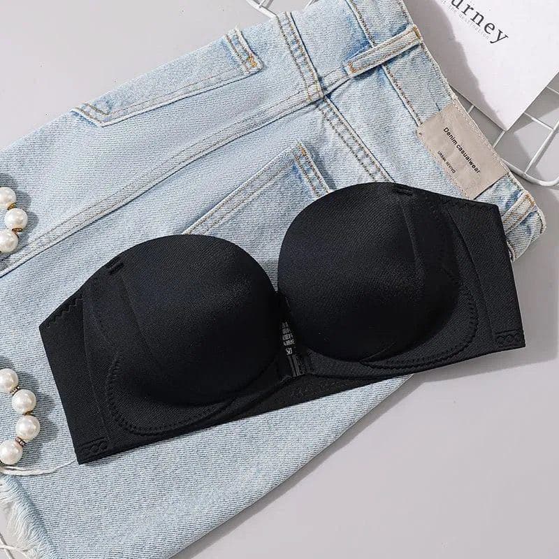 0618# Double Front Buckle Supportive Sticky Cup Bounce-Proof Strapless Bra Push-Up Non-Slip Breathable Comfort Bra