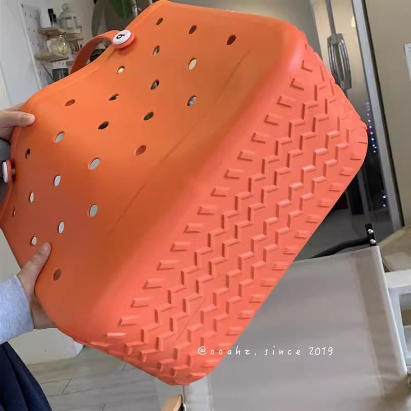 EVA beach bag, large capacity, waterproof, Korean style, fashionable tote bag, printed bag, stylish women's perforated bag.