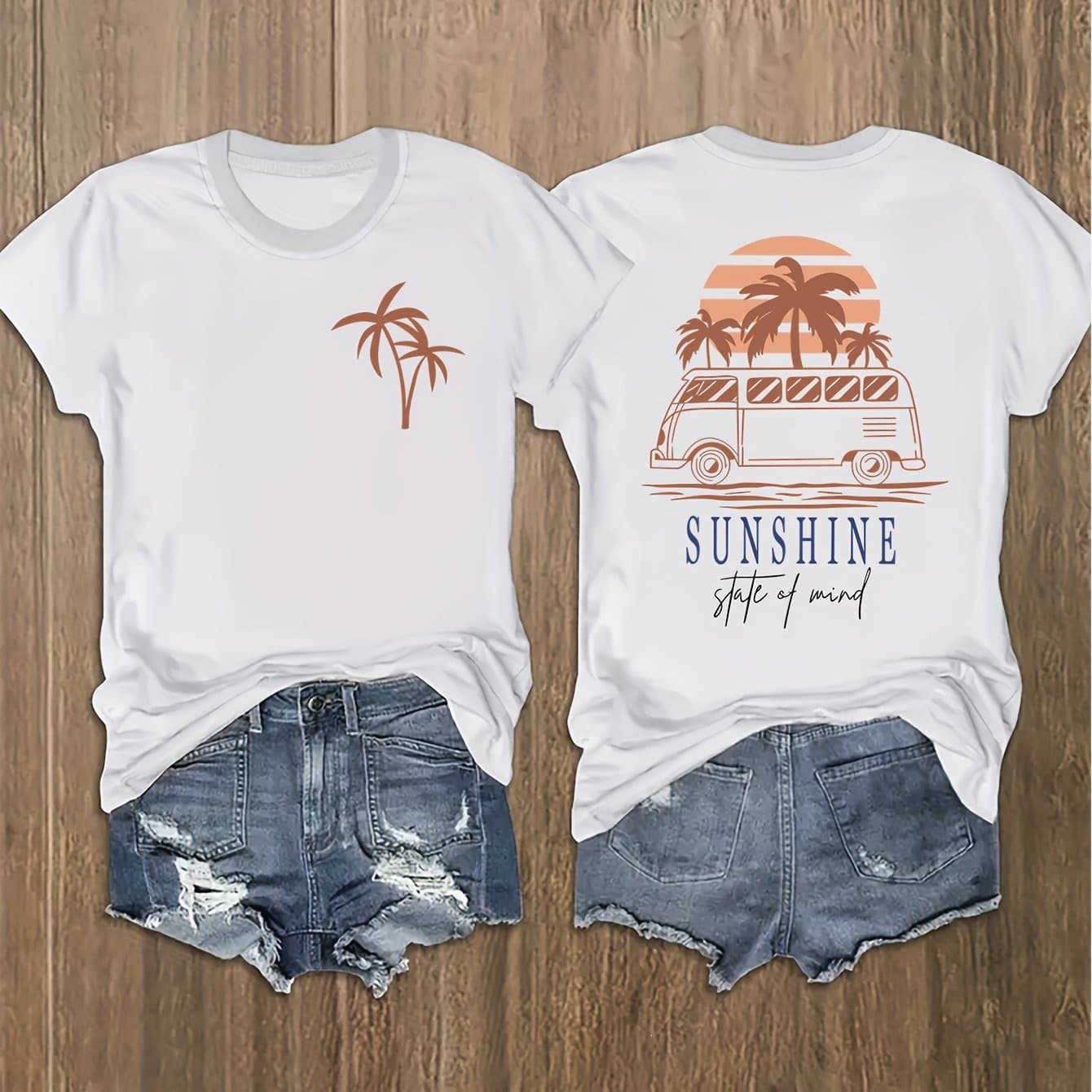 [Double Images] Bus Print Short-Sleeve Crew Neck T-Shirt, White, Sweet and Fresh European Style, Regular Cotton