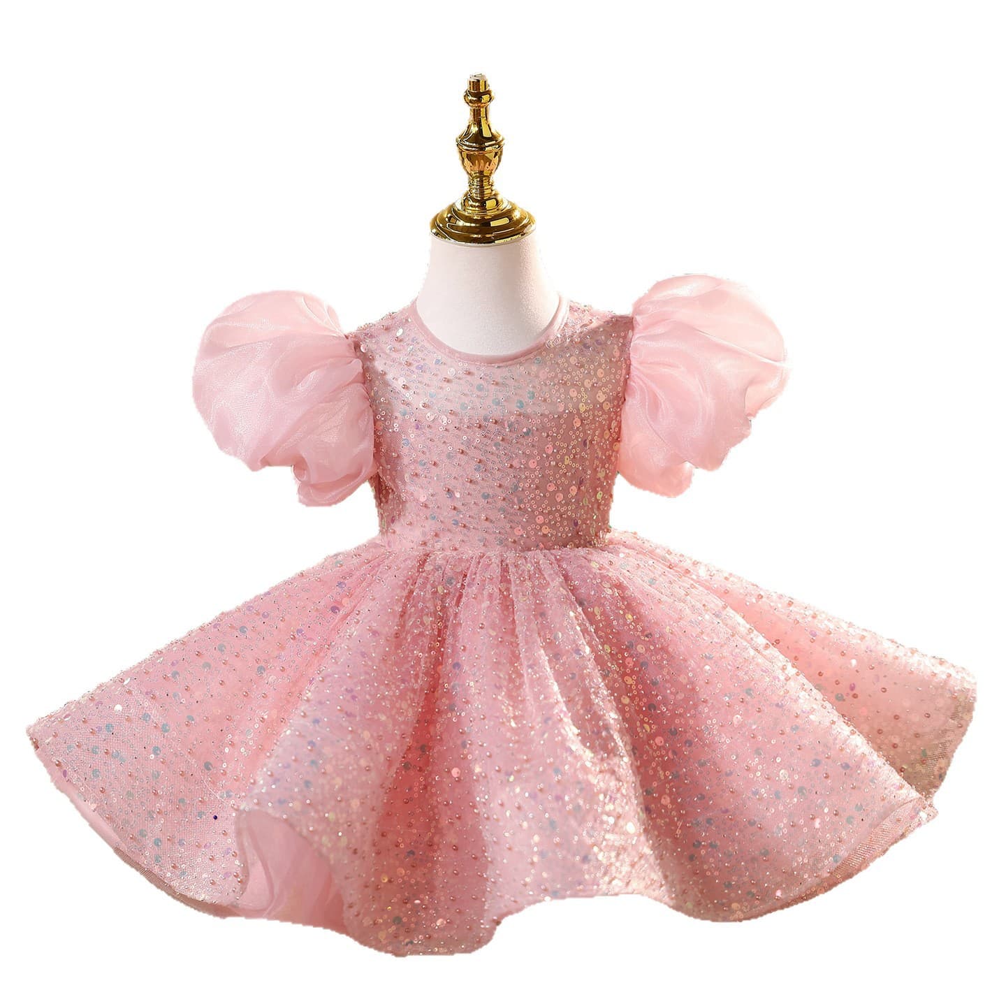 Children's Sequin Dress with Puff Sleeves, Flower Girl Wedding Dress, Toddler Princess Gown for Piano Performance and Stage Shows