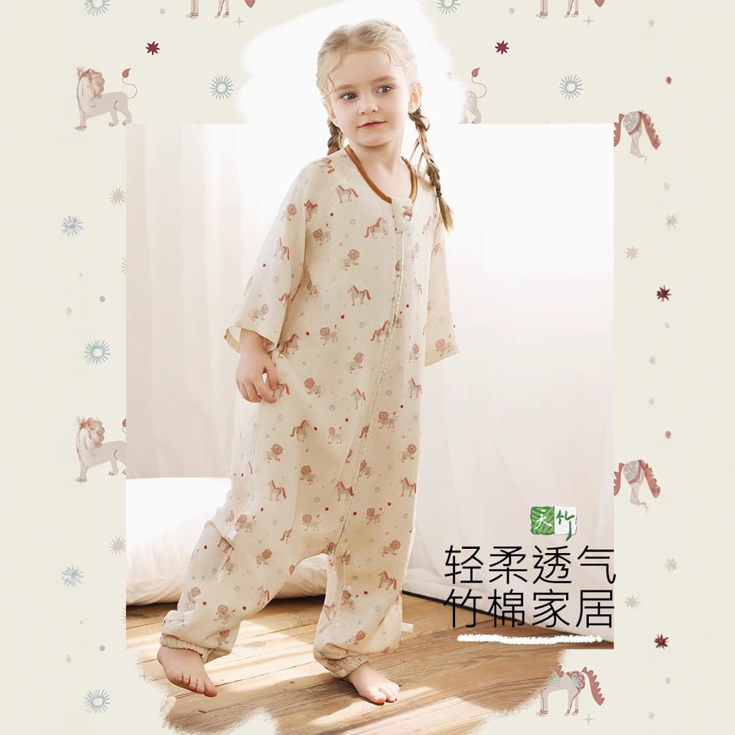 Strictly Selected Summer Antibacterial Bamboo Cotton Gauze Three-Quarter Sleeve Front Four Back Two Children Baby Air-Conditioned Room Separate Leg Sleeping Bag