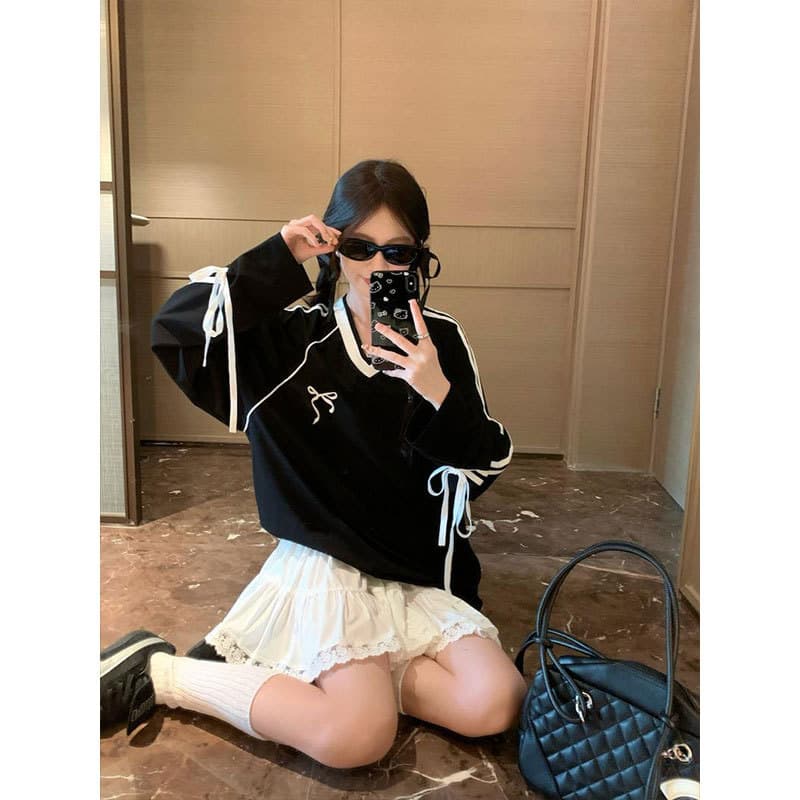 American-style V-neck tie-waist long-sleeved t-shirt for women, early autumn sporty jersey, versatile loose casual oversized top