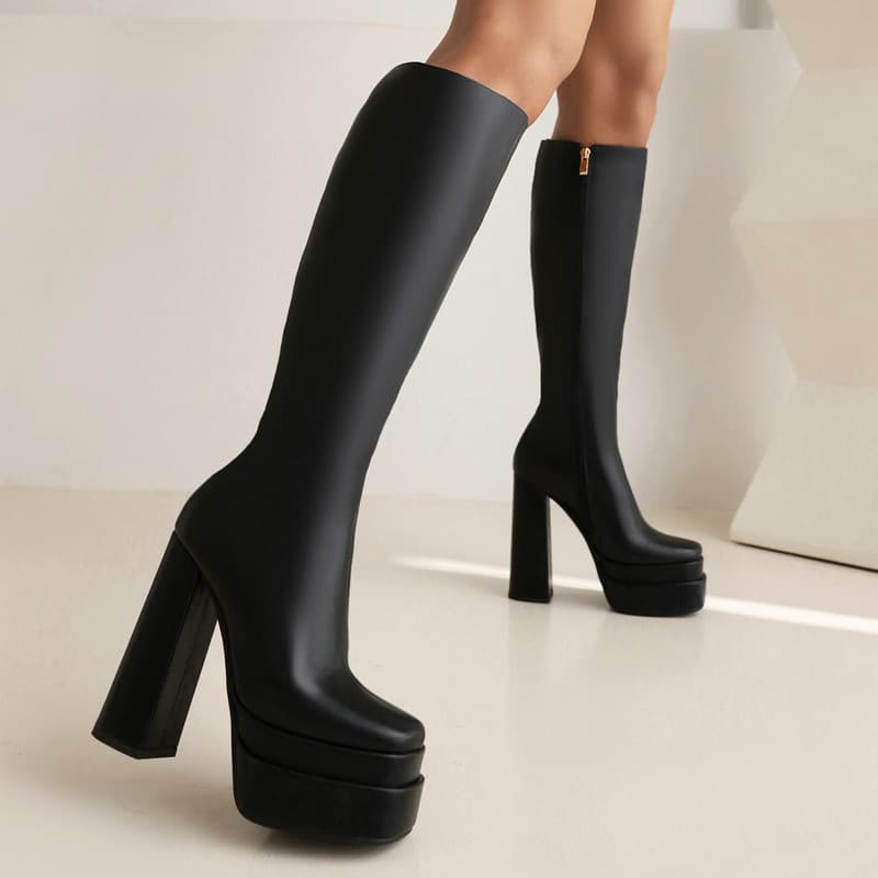 Double waterproof platform chunky heel super high heel women's knee-high boots, new autumn and winter style, square toe, thick sole, slim fit boots, high boots.