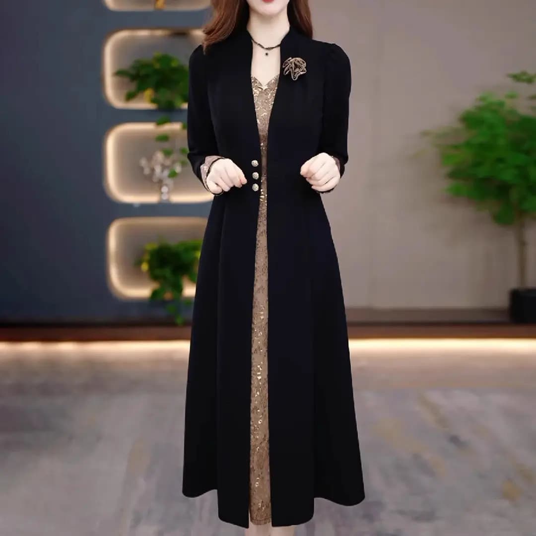Gold Rose Fake Two-Piece Spring & Fall Long-Sleeved Dress 2025 New Mother's High-End Accessible Luxury Mid-Length A-Line Skirt