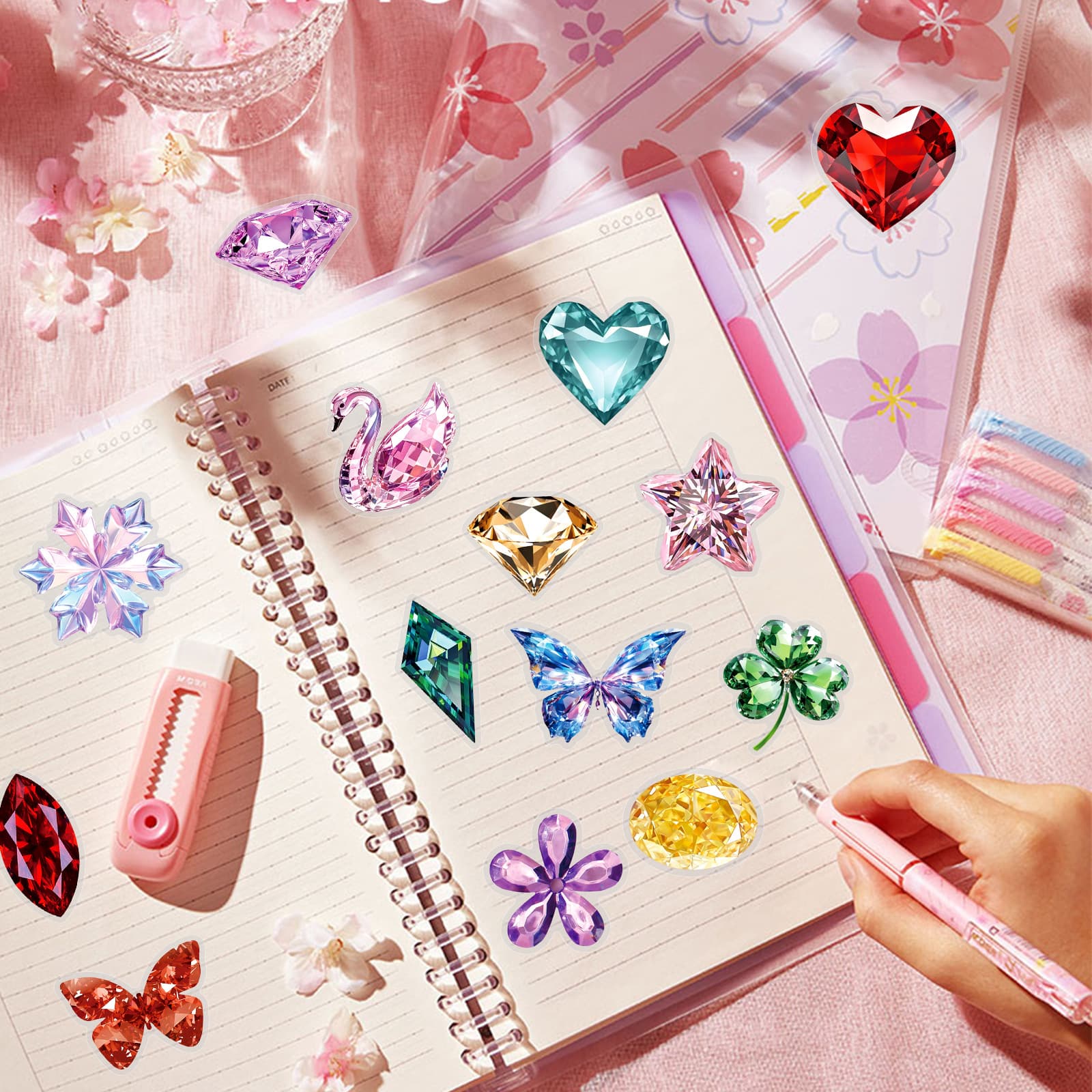 50 Sheets Ins Style Waterproof Transparent PET Diamond Stickers, Decorative Scrapbook Stickers