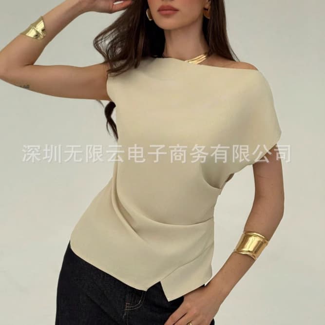 2025 Summer New Asymmetric Loose Short-sleeved Top Elegant Elegant Sexy Slim-fit All-match Outer Wear T-shirt Women