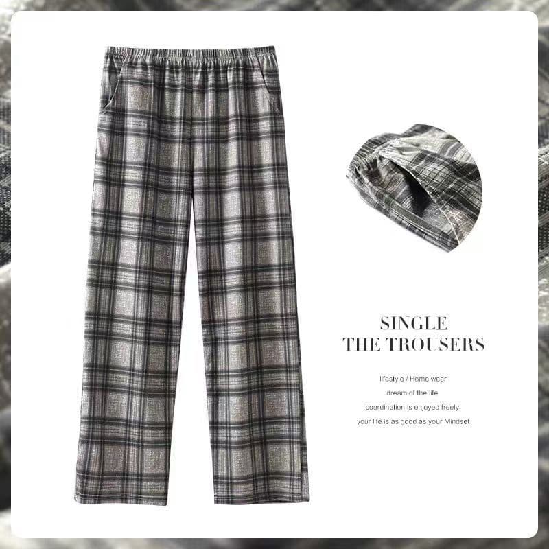 100% Cotton Pajama Pants, Thin Style, Spring and Autumn, Plaid, Loose, Wide-Leg, Plus Size, Suitable for Outerwear