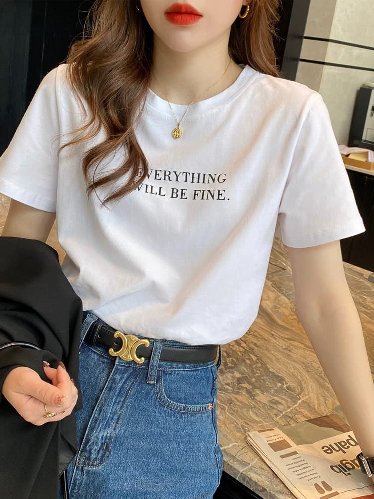 Cotton Short Sleeve T-Shirt for Women Basic Simple 2024 Summer New Loose Slim Fit White Cotton Ins Top
