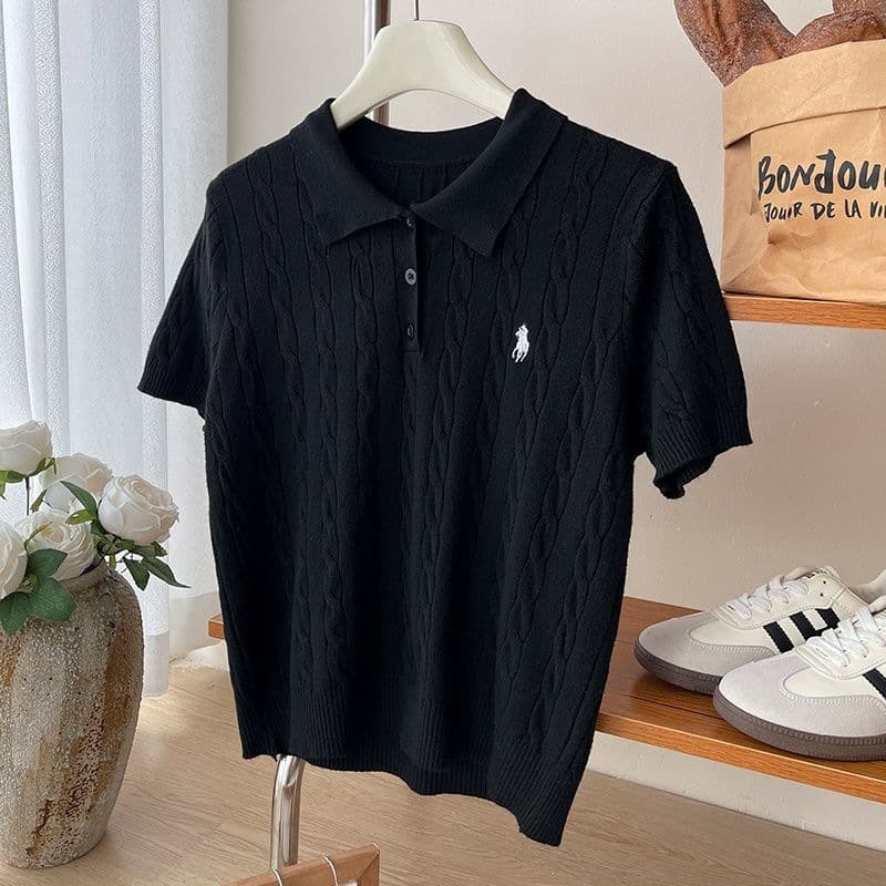 New Summer Polo Short-Sleeve T-Shirt with Pony Embroidery, Women's Knitwear, Cable Knit, Turn-Down Collar, Slim Fit, Short Top