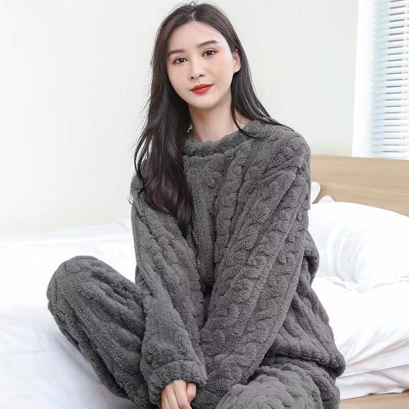 Women's Pajama Set for Fall and Winter - Thick Coral Fleece, Warm, Cute Cartoon Bear Flannel Loungewear Set