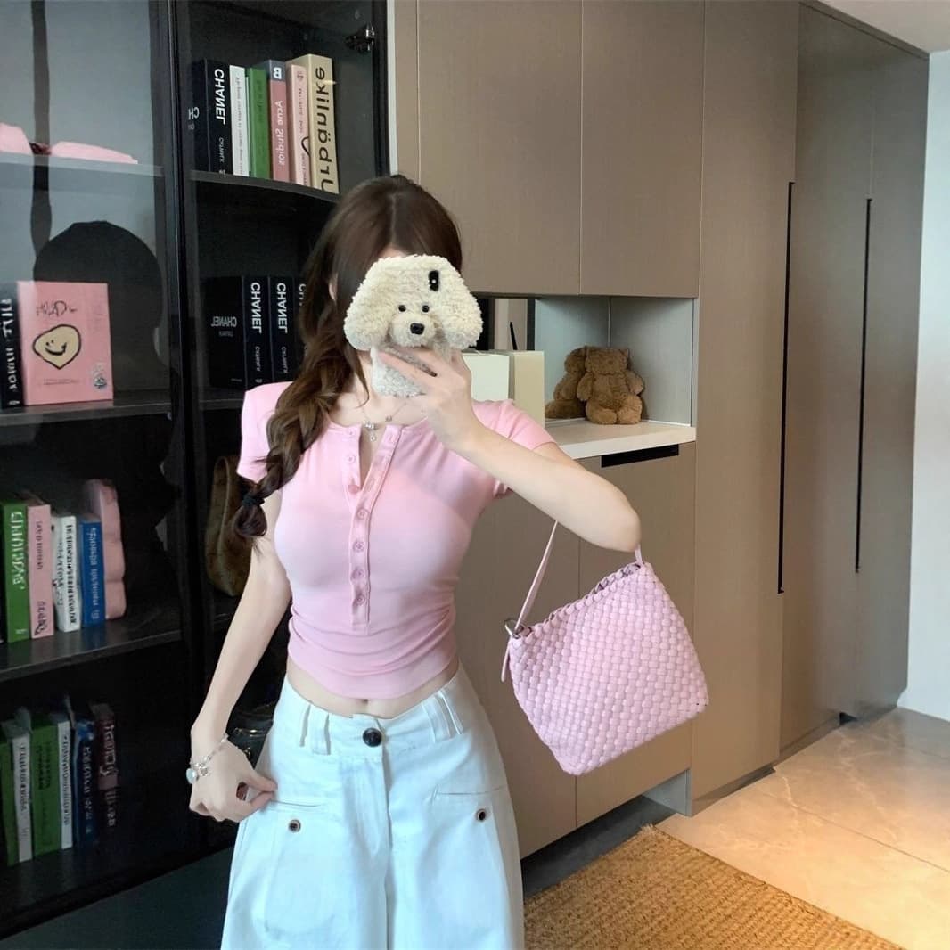 White High-Waisted Cropped Henley Short-Sleeve T-Shirt for Women, 2025 New Summer Style, Half-Open Collar, Spicy Girl Style, Slim-Fit Short Top