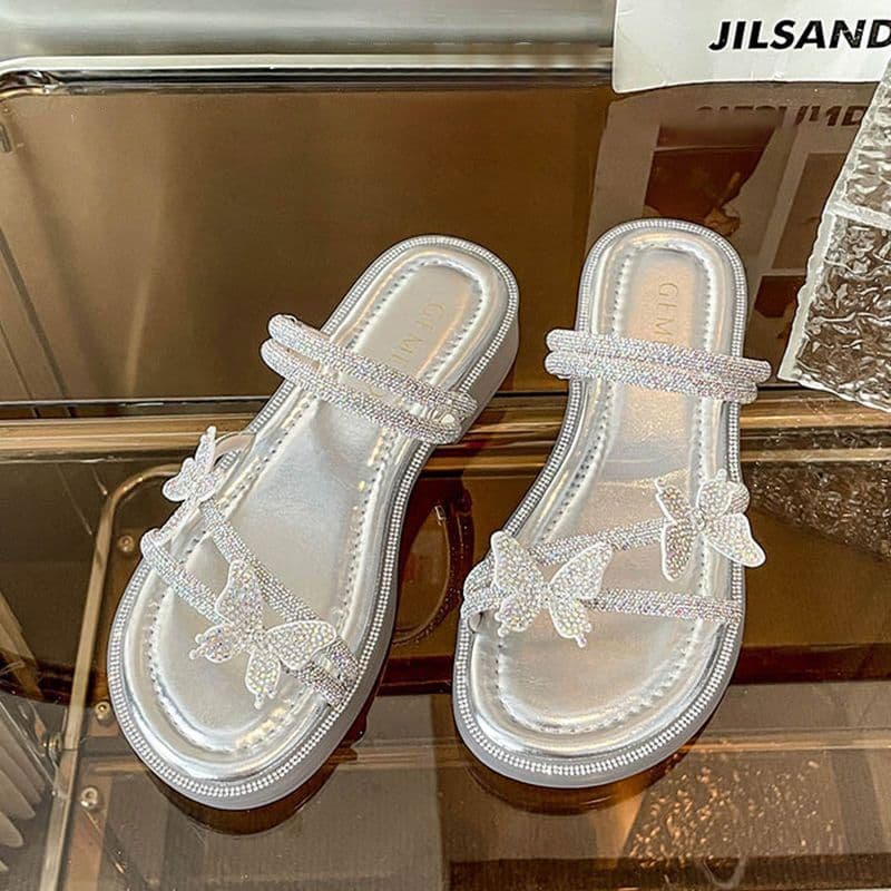2025 Summer New Fashion Women's Flip Flops, Butterfly Rhinestone Two-Way Strap Sandals, Fairy Style Beach Slippers