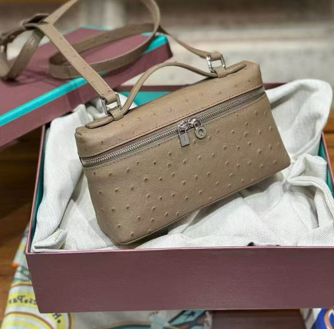 27 Ostrich Pattern Silver/Gold Buckle Lunch Box Bag Genuine Leather Women's Bag Premium Handheld Box Bag Shoulder Crossbody Bag