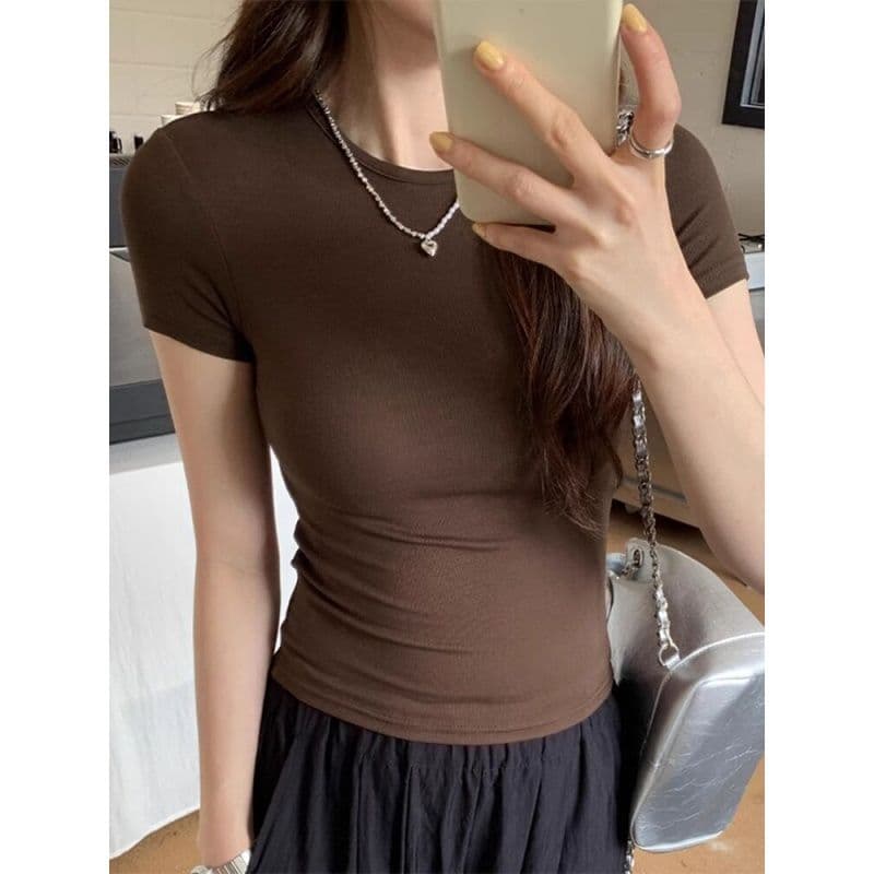 Petite Basic Green Round Neck Short Sleeve T-Shirt for Women Summer Slim Fit