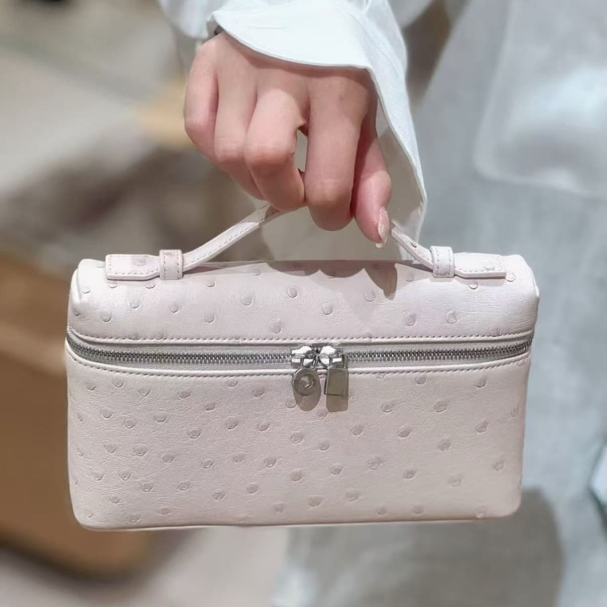L19 Ostrich Pattern Silver/Gold Buckle Lunch Box Bag Genuine Leather Women's Bag Premium Handheld Box Bag Shoulder Crossbody Bag