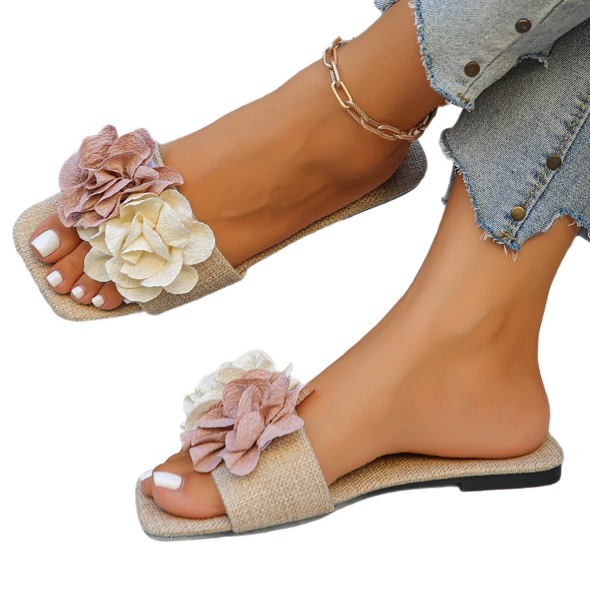 Denim flat-soled floral plus-size beach shoes for women, 2025 summer new style, casual soft-soled lightweight sandals.