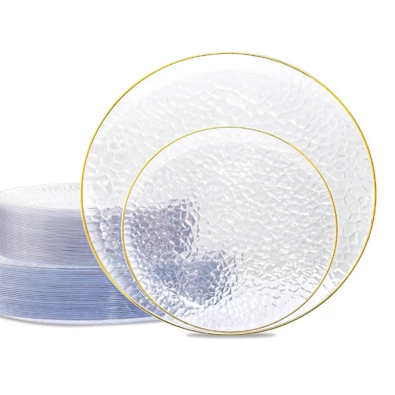 Disposable plastic dinner plates party PS export transparent hammered texture clear plastic plates cutlery set