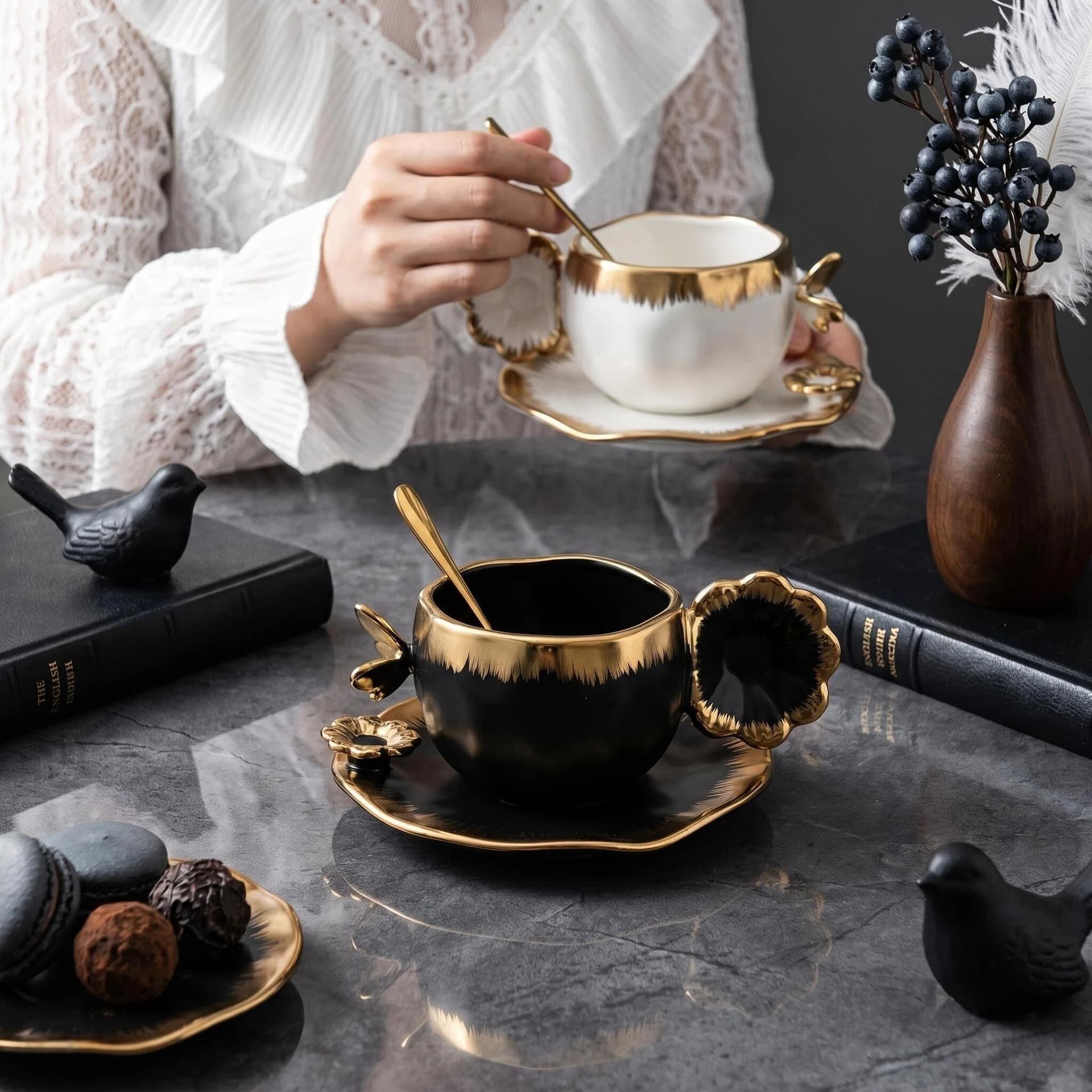 Gold-Plated Butterfly Love Flower Light Luxury High-Gloss Electroplated European-Style Gold Rim Coffee Cup and Saucer Set, Home Ceramic Afternoon Tea, Cross-Border