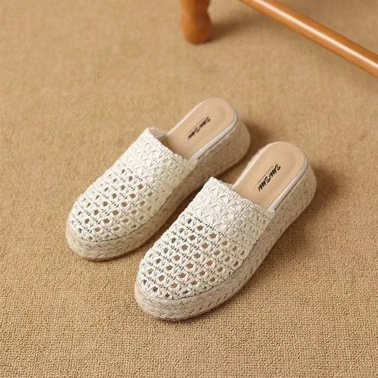 Export Hot Trend Casual Ethnic Retro Linen Woven Hollow Breathable Half Slippers Outdoor Thick Sole Wedge Shoes