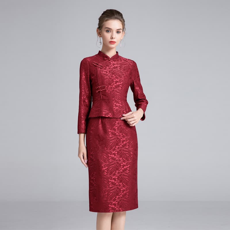 2024 Autumn New Mother Dress Chinese Style Ruffled Wine Red Wedding Banquet Mother of the Bride Dress Drop Shipping