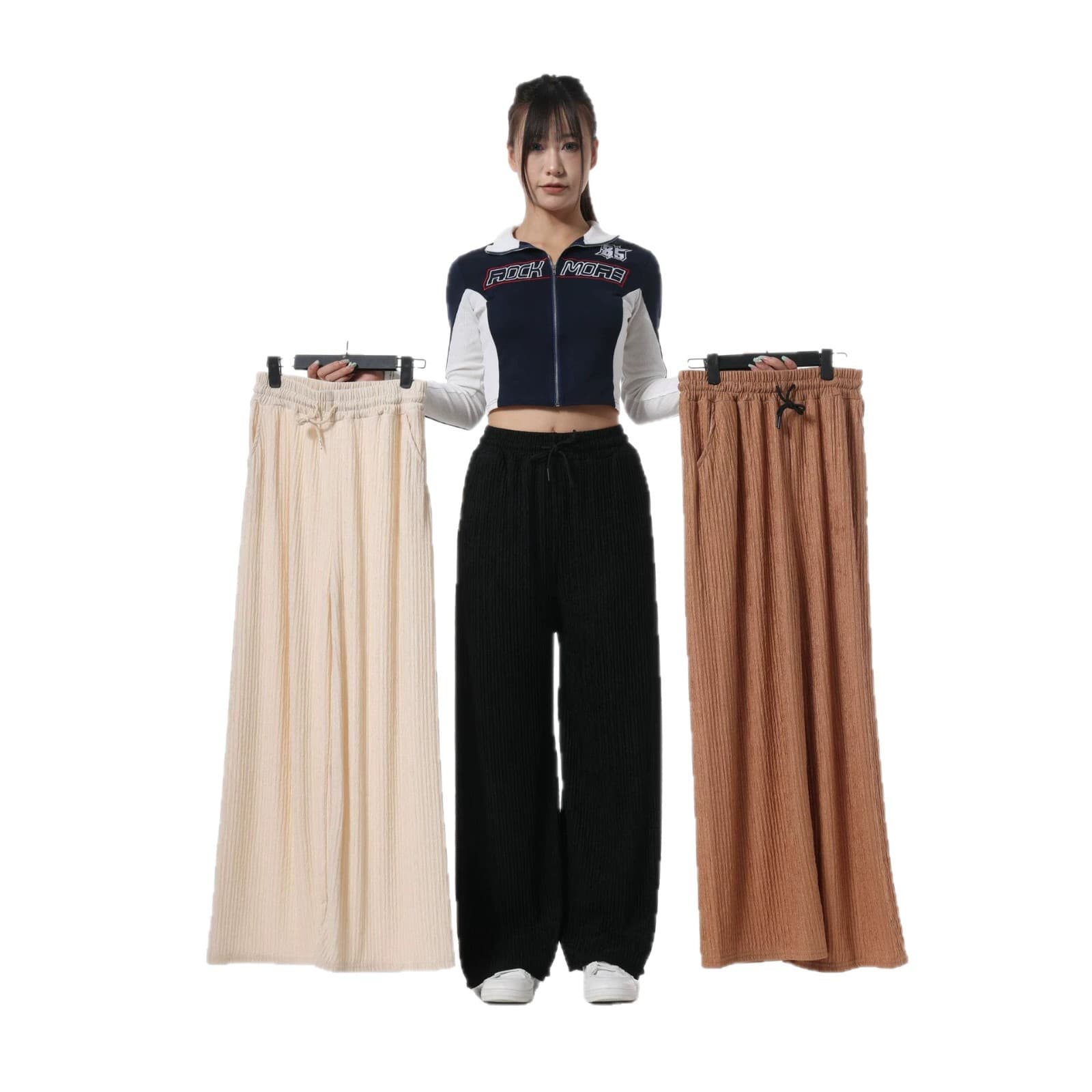Women's Wide-Leg Pants High-Waist Draped Ribbed Casual Pants Spring/Summer New Elastic Waist Slimming Straight-Leg Pants In-Stock Wholesale