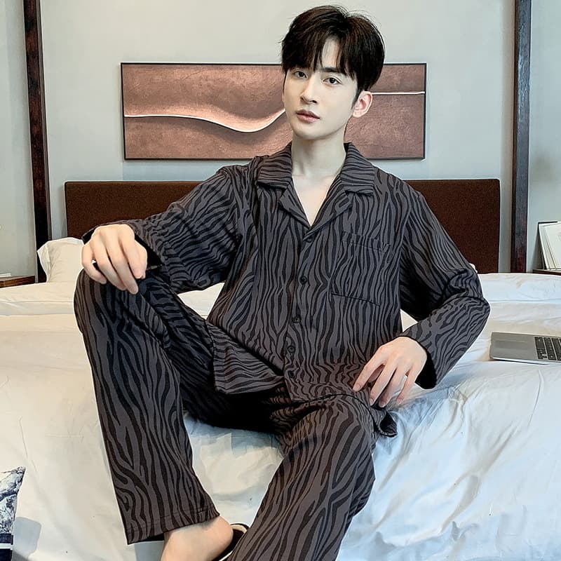 Men's Pajamas Cotton Long Sleeve Autumn Winter Cardigan Men's Full Cotton Youth Plus Size Wearable Out Homewear Set