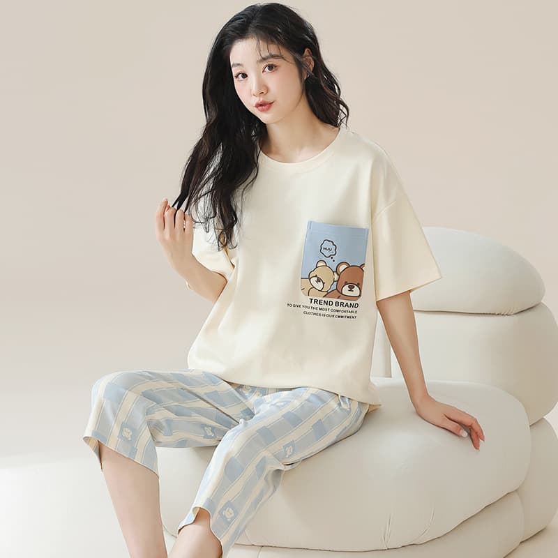 Women's Cotton Short Sleeve Seven Point Pants Summer Pajama Set 100% Cotton Thin Home Wear