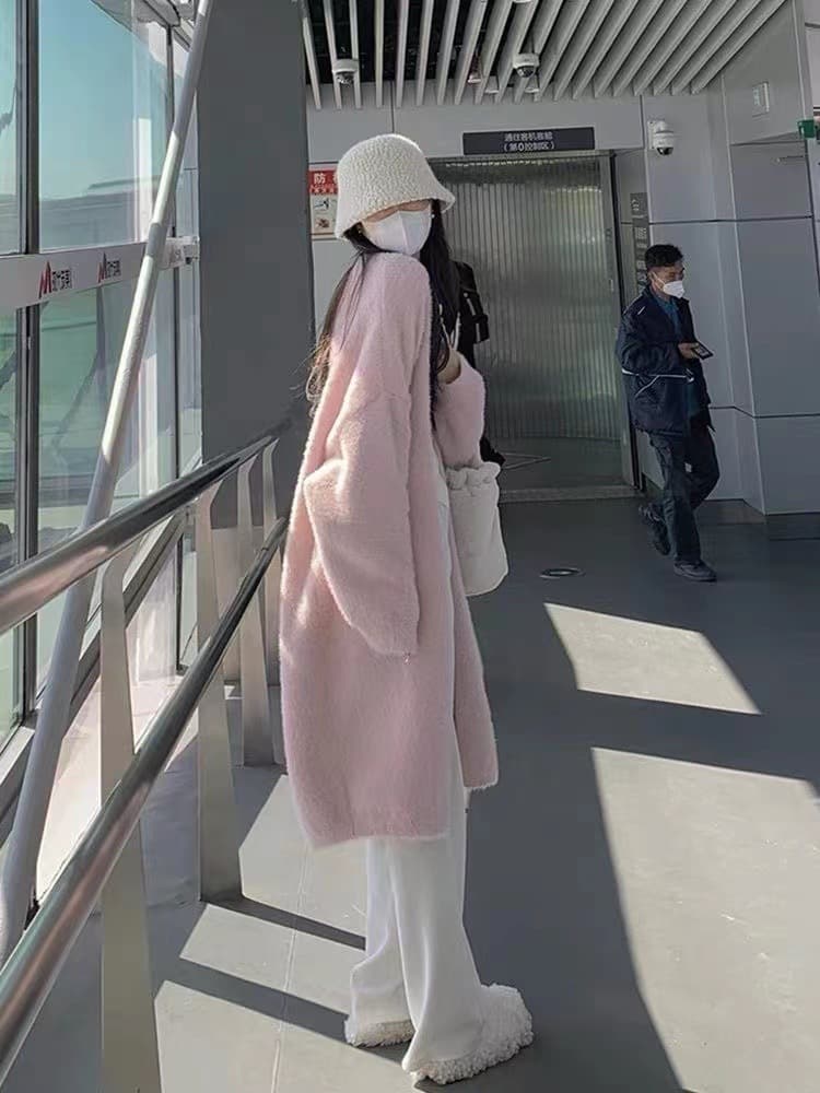 2026 Autumn/Winter Lazy Loose Over-the-Knee Mid-Length Thick Faux Mink Knit Cardigan Coat for Women