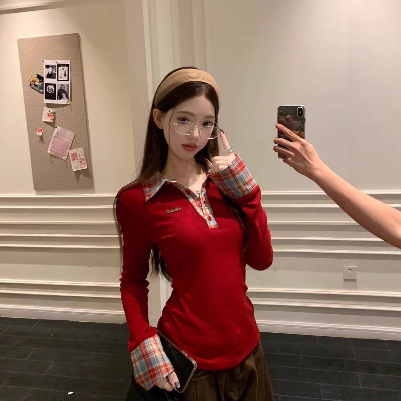 Niche Patchwork Plaid Polo Collar Knitwear Women's Winter Retro Design Slim Bottoming Shirt with Inner Top