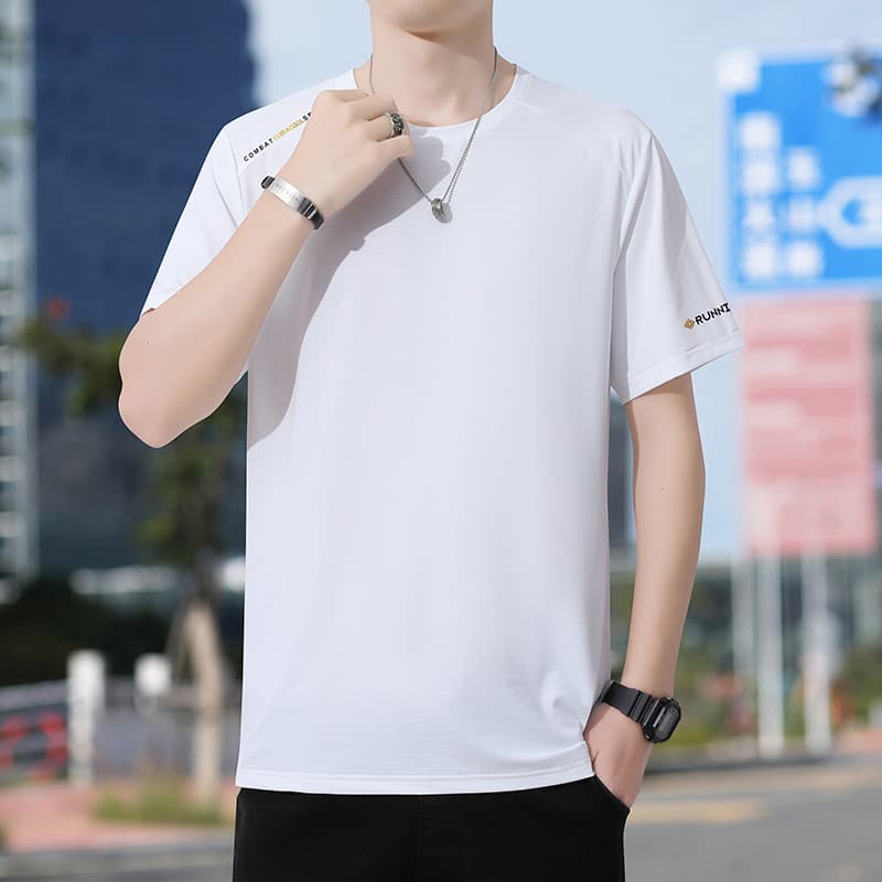 Ice Silk Short Sleeve T-Shirt Men's Summer Thin Round Neck Half Sleeve Base Layer Quick Dry Sports Casual Men's High-End Top