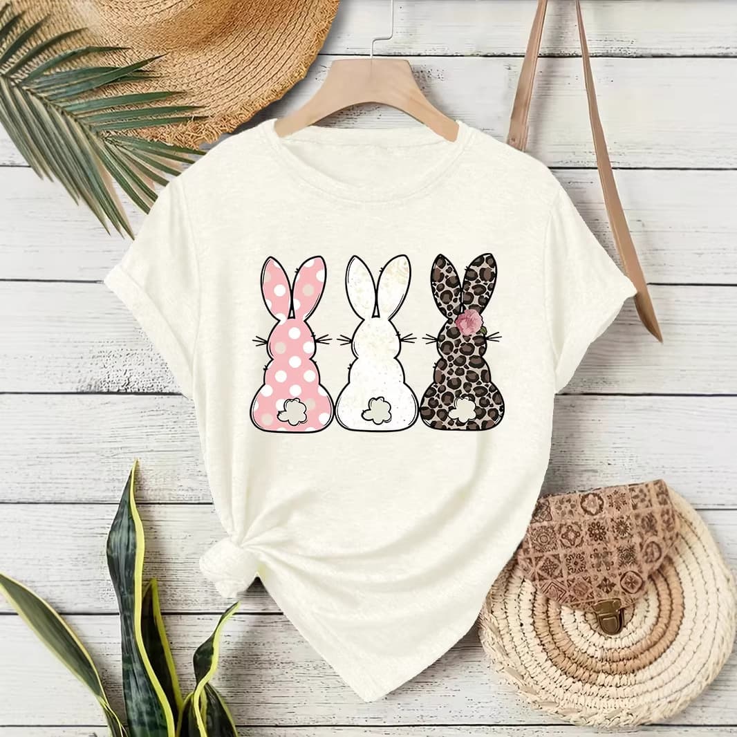 European and American Style In-Stock Round Neck Short-Sleeve Women's Cartoon Leopard Print Rabbit Print Summer New Comfortable T-Shirt Cross-Border Hot Sale