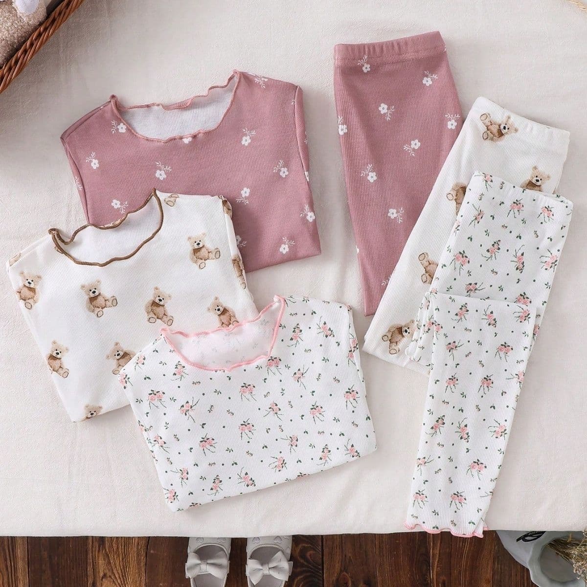 Girls Summer Short Sleeve Pajama Set Bear Print Cotton Two-Piece