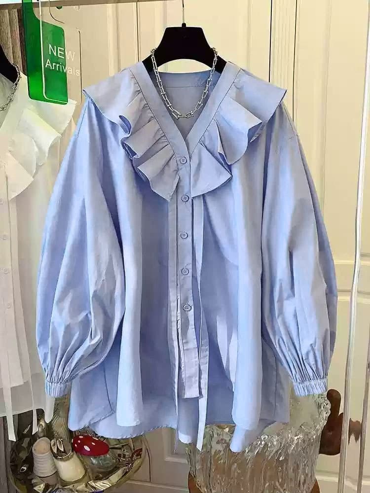 Plus Size Women Shirt Elegant Casual Fashion Design French Ruffled Top Women Loose Fitting Flattering Spring Autumn
