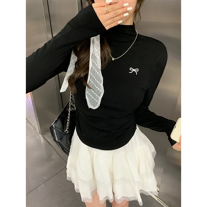 Spice Girls Half-High Collar Bow Embroidered Long-Sleeved Base Shirt Women's Autumn and Winter Sanding Thickened Pleated Slim-Fit Inner Top