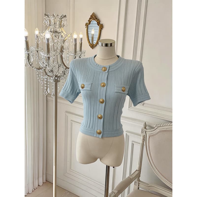 Gold Button Chanel-Style Knit Top for Women Summer Short Korean High-Waist Slim Fit