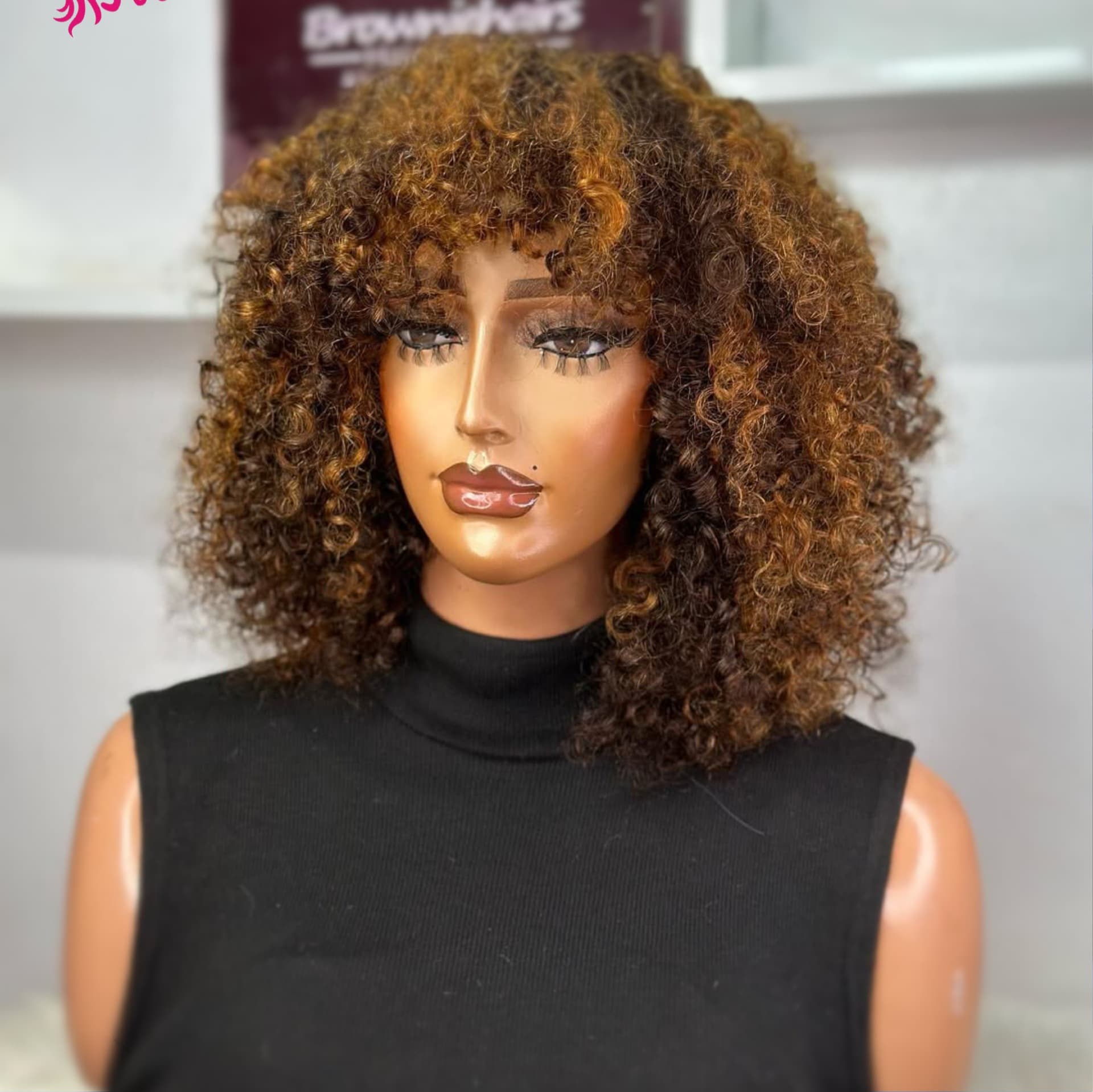 12A Brazilian Piano 4/27 Color Curly Bob Fringe Bangs Wig NAT