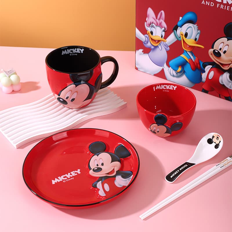 Disney Authentic Mickey Cartoon Tableware Set Embossed Ceramic Bowl Plate Cup Spoon Chopsticks Gift Box Wholesale